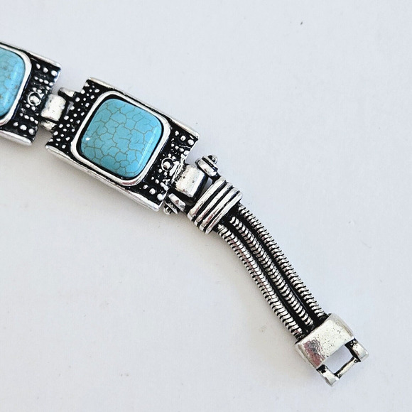 Faux Turquoise Bracelet Blue Geometric Silvertone Southwestern Aztec Boho Tribal - Picture 3 of 9